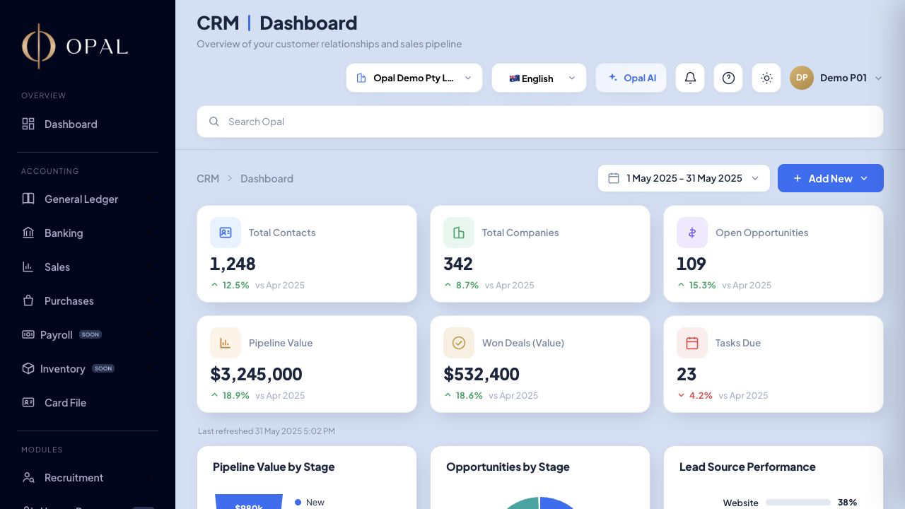 OPAL CRM dashboard with the complete OPAL navigation header